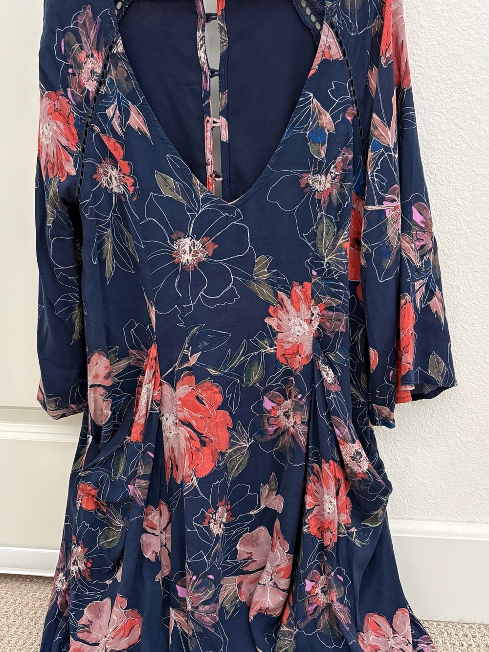Free People Navy Floral Mini Dress with Coral and Pink Blooms